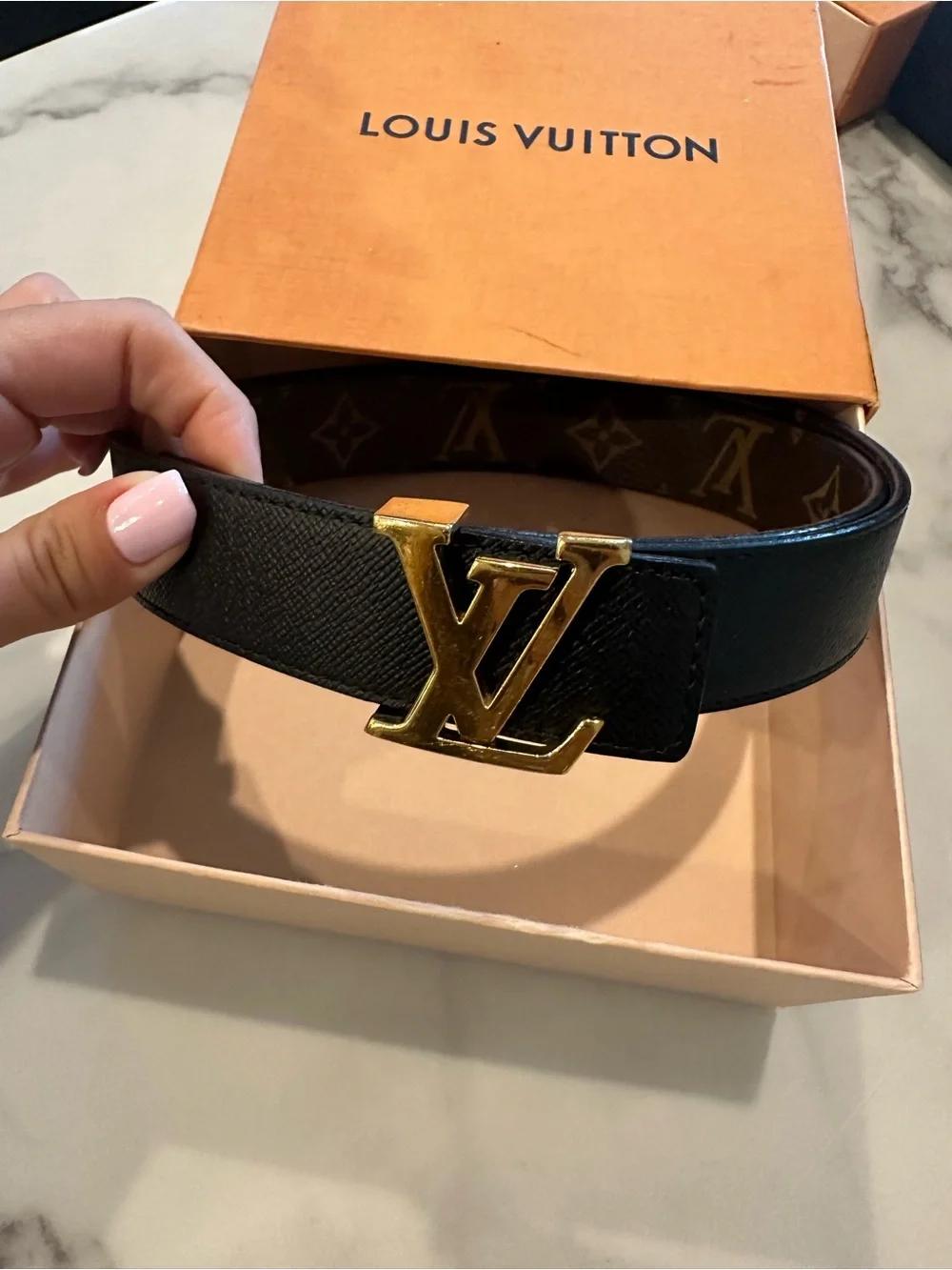 Louis Vuitton Black Leather Belt with Gold LV Buckle